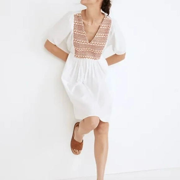 Madewell Poplin Embroidered Boho Flowy Mini Dress Puff Sleeve L 100% Cotton - Picture 1 of 11